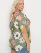  Cămașă din viscoză verde închis cu nasturi cu mânecă 3/4 și model floral Xebbia