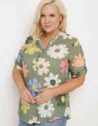  Cămașă din viscoză verde închis cu nasturi cu mânecă 3/4 și model floral Xebbia