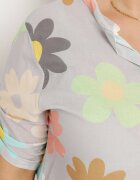  Cămașă Gri din vâscoză cu nasturi cu mânecă 3/4 și cu imprimeu floral Xebbia