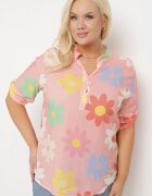  Cămașă Roz din Viscoză încheiată cu nasturi cu Mânecă 3/4 și Model Floral Xebbia