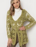  Cardigan Verde cu Decor ajurat și Curea legată Sabelia