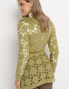  Cardigan Verde cu Decor ajurat și Curea legată Sabelia