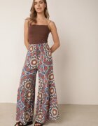cflo Pantaloni Albaștri-Portocalii din Vâscoză Tip Palazzo cu Talie Înaltă și Elastic în Talie Agnalia