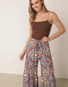 cflo Pantaloni Albaștri-Portocalii din Vâscoză Tip Palazzo cu Talie Înaltă și Elastic în Talie Agnalia