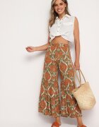 cflo Pantaloni Largi din Viscoză Verde-Portocalii cu Talie Înaltă și Elastic în Talie Risettesna