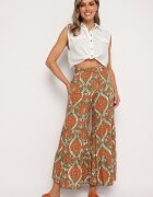 cflo Pantaloni Largi din Viscoză Verde-Portocalii cu Talie Înaltă și Elastic în Talie Risettesna