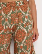 cflo Pantaloni Largi din Viscoză Verde-Portocalii cu Talie Înaltă și Elastic în Talie Risettesna