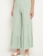 cflo Pantaloni Largi Verde Deschis din Viscoză cu Elastic în Talie Decorați cu Volan Dimlea