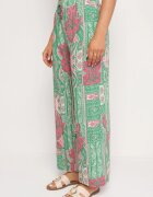 cflo Pantaloni Palazzo Verde-Roz din Viscoză cu Elastic în Talie Lirfea