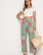 cflo Pantaloni Palazzo Verde-Roz din Viscoză cu Elastic în Talie Lirfea