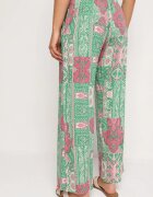 cflo Pantaloni Palazzo Verde-Roz din Viscoză cu Elastic în Talie Lirfea