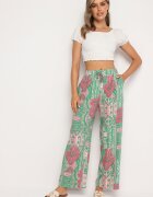 cflo Pantaloni Palazzo Verde-Roz din Viscoză cu Elastic în Talie Lirfea