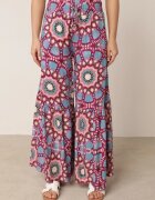 cflo Pantaloni Roz-Albastru din Viscoză Tip Palazzo cu Talie Înaltă și Elastic în Talie Agnalia