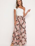 cflo Pantaloni Roz-Negri din Viscoză Evazați cu Talie Înaltă și Elastic în Talie Nasirina