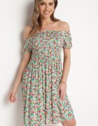 cflo Rochie Alb-Verde din Viscoză cu Imprimeu Floral cu Decolteu Spaniol Latiana