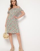 cflo Rochie Alb-Verde din Viscoză cu Imprimeu Floral cu Decolteu Spaniol Latiana