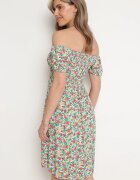 cflo Rochie Alb-Verde din Viscoză cu Imprimeu Floral cu Decolteu Spaniol Latiana