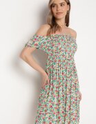 cflo Rochie Alb-Verde din Viscoză cu Imprimeu Floral cu Decolteu Spaniol Latiana