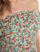 cflo Rochie Alb-Verde din Viscoză cu Imprimeu Floral cu Decolteu Spaniol Latiana
