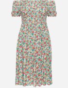 cflo Rochie Alb-Verde din Viscoză cu Imprimeu Floral cu Decolteu Spaniol Latiana
