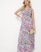 cflo Rochie Alb-Verde Maxi cu Decolteu Triunghiular și Motiv Floral cu Volan Moraila