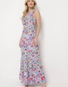 cflo Rochie Alb-Verde Maxi cu Decolteu Triunghiular și Motiv Floral cu Volan Moraila