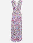 cflo Rochie Alb-Verde Maxi cu Decolteu Triunghiular și Motiv Floral cu Volan Moraila