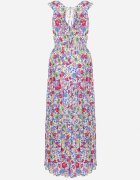 cflo Rochie Alb-Verde Maxi cu Decolteu Triunghiular și Motiv Floral cu Volan Moraila