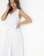 cflo Rochie Albă Plisată Midi cu Partea de Jos Evazată și Curea din Material Katinka