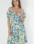 cflo Rochie Albastră cu Decolteu Spaniol din Viscoză cu Imprimeu Floral Beliitra