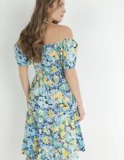 cflo Rochie Albastră cu Decolteu Spaniol din Viscoză cu Imprimeu Floral Beliitra