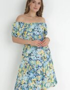 cflo Rochie Albastră cu Decolteu Spaniol din Viscoză cu Imprimeu Floral Beliitra