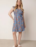 cflo Rochie Albastră cu Elastic în Talie din Viscoză cu Flori Chrysa