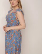 cflo Rochie Albastră cu Elastic în Talie din Viscoză cu Flori Chrysa
