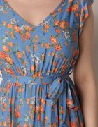 cflo Rochie Albastră cu Elastic în Talie din Viscoză cu Flori Chrysa