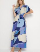 cflo Rochie Albastră Evazată din Viscoză cu Model Geometric cu Curea Ranislla