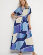 cflo Rochie Albastră Evazată din Viscoză cu Model Geometric cu Curea Ranislla