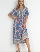 cflo Rochie Albastră Midi cu Viscoză cu Elastic în Talie cu Mâneci Largi Damatia