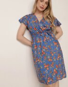 cflo Rochie Albastră Midi din Vâscoză cu Elastic în Talie și cu Mânecă Scurtă Jodys