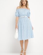cflo Rochie Albastră Midi din Viscoză cu umerii goi cu Imprimeu floral Oserafia