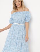 cflo Rochie Albastră Midi din Viscoză cu umerii goi cu Imprimeu floral Oserafia
