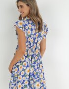 cflo Rochie Albastră Mini din Viscoză cu Elastic în Talie și Volane Nidi