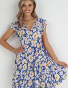 cflo Rochie Albastră Mini din Viscoză cu Elastic în Talie și Volane Nidi