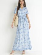 cflo Rochie Albastră tip plic din Viscoză cu elastic în Talie și Model Metalic Hollis