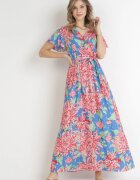 cflo Rochie Albastru-Roz petrecută maxi cu elastic în talie cu imprimeu floral din viscoză Aryna