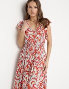 cflo Rochie Asimetrică Bej-Portocalie cu Elastic în Talie cu Volane din Viscoză Venimra