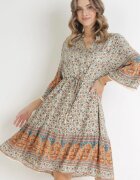 cflo Rochie Bej Cloș Florală din Viscoză Strânsă în Talie Lennyn