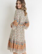 cflo Rochie Bej Cloș Florală din Viscoză Strânsă în Talie Lennyn