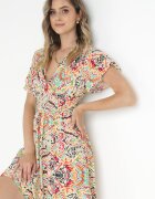 cflo Rochie Bej din Vâscoză cu Model Abstract cu elastic în talie Nilkasa