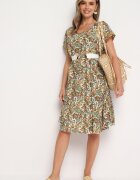 cflo Rochie Bej-Verde din viscoză Evazată cu model Paisley Mastis